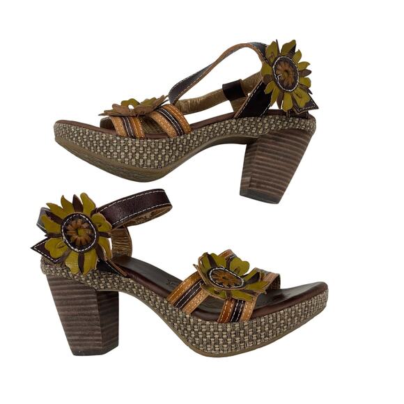 Spring Step Lavish Floral Applique Leather Block Heel Sandal Brown 37 / US 6.5 - Picture 1 of 8